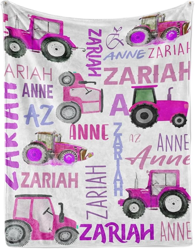Personalized Tractors Blanket - Custom Name with Farm Tractor Trucks Design - Soft Plush Flannel Bed Blanket for Baby Kid Teen Boys Girls Customized Gifts White & Purple