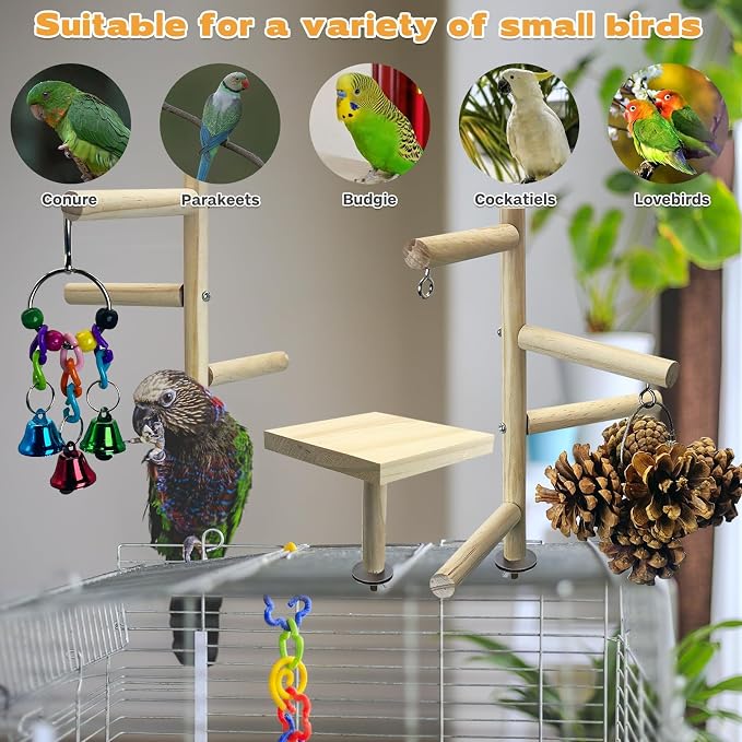 PINVNBY 3 PCS Wooden Small Bird Playground for Top of Cage, Wood Parrot Stands Perch Birds Gym with Hanging Chewing Toys Bird Cage Accessories for Parakeet Conure Love Birds Budgie