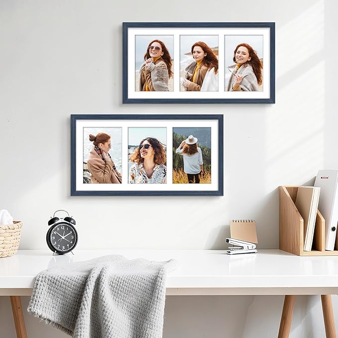 8x16 Collage Picture Frame 5x7 Collage Picture Frame Displays Three 5x7 inch Photos or 8x16 (Without Mat) for Available Horizontal Wall Mounting Display and Vertical Navy Blue