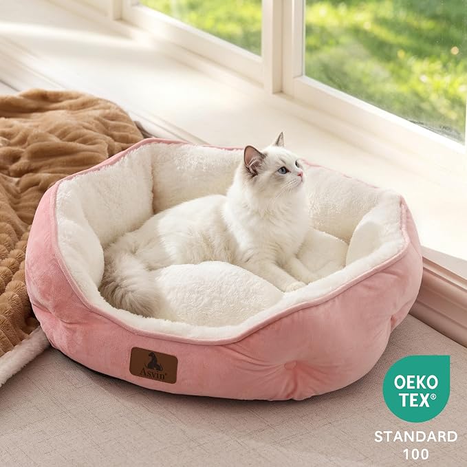 Asvin Medium Dog Bed for Medium Dogs, Cat Beds for Indoor Cats, Pet Bed for Puppy and Kitty, Extra Soft & Machine Washable with Anti-Slip & Water-Resistant Oxford Bottom, Pink, 25 inches
