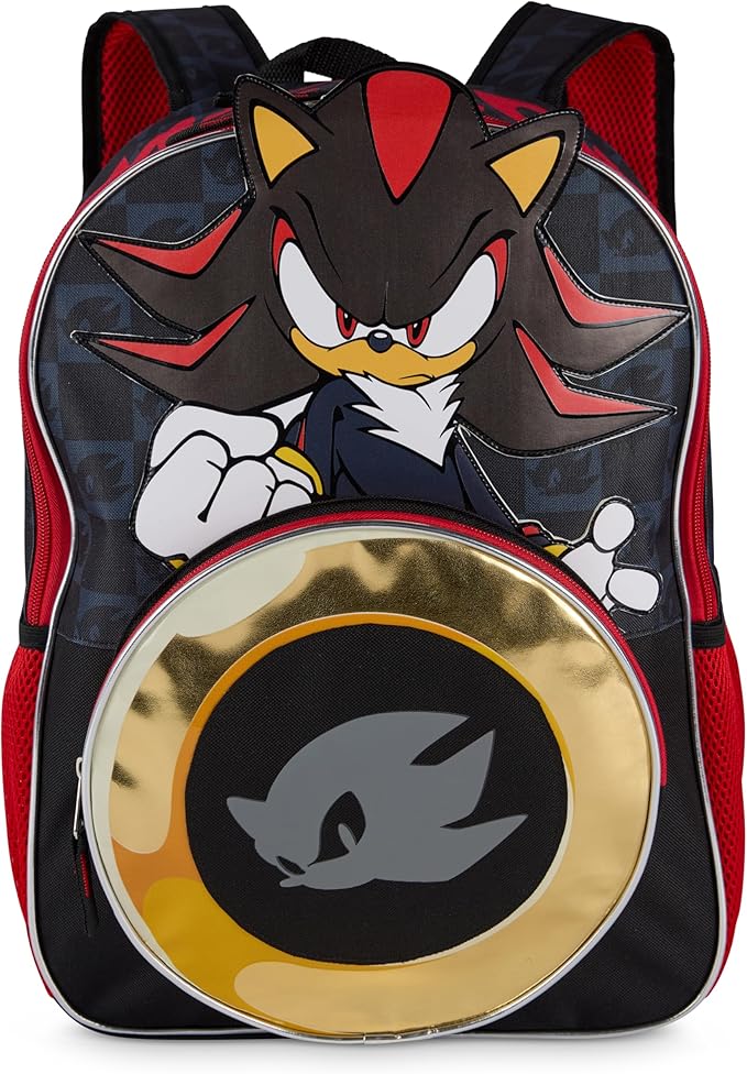 AI ACCESSORY INNOVATIONS Sonic The Hedgehog Backpack for Boys & Girls, Shadow 16 Inch Schoolbag with Die-cut Metallic Gold Ring Pocket, Black