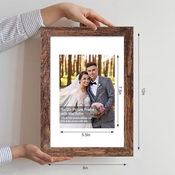 8x12 Picture Frame Set of 4, Made of Glass and Rustic Brown Wooden Frame - Display 6x8 Picture with Mat or 8 x 12 Poster Without Mat, 8 by 12 Photo for Wall or Tabletop