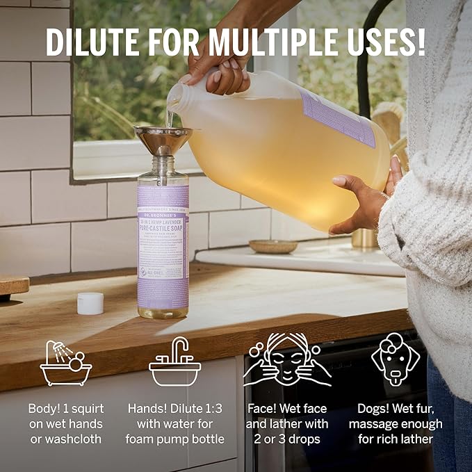Dr. Bronner's Pure-Castile Magic Soap Liquid (Lavender, 1 Gallon) – Made with Regenerative Organic Certified Oils- For Face, Hair, Laundry, Dishes- Hand Soaps & Body Wash – Concentrated, Vegan
