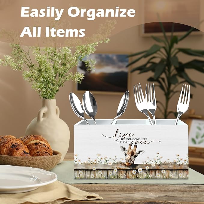 DILSJ Giraffe Inspirational Pen Pencil Holder Organizer For Desk, Giraffe Gifts, Rustic Floral Live Like Someone Left The Gate Open Wooden Box Signs For Home Office Desk Tabletop Decoration