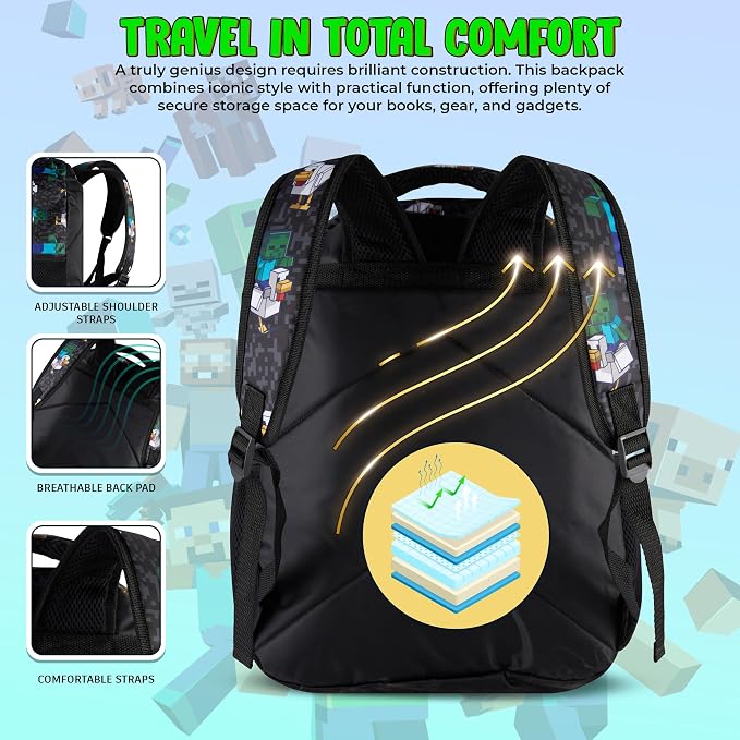 AI ACCESSORY INNOVATIONS Minecraft Chicken Jockey Boys & Girls Backpack, 16” Bookbag w/Molded Chicken Rubber Dangle