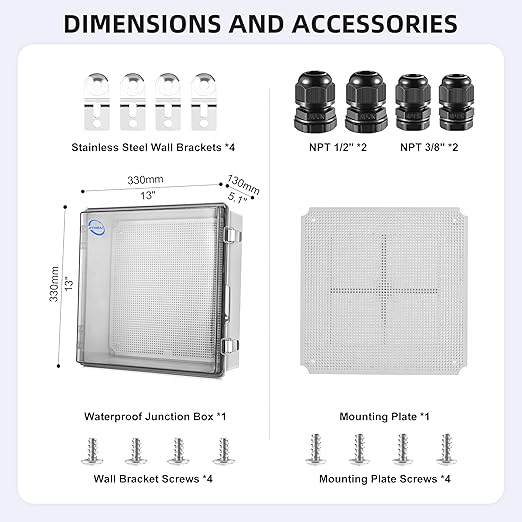 Waterproof Outdoor IP67 Junction Box (13"x13"x5.1") with Mounting Plate, Hinged Clear Cover and Wall Brackets - Weatherproof ABS Plastic Electrical Enclosure for DIY Projects (330x330x130mm)