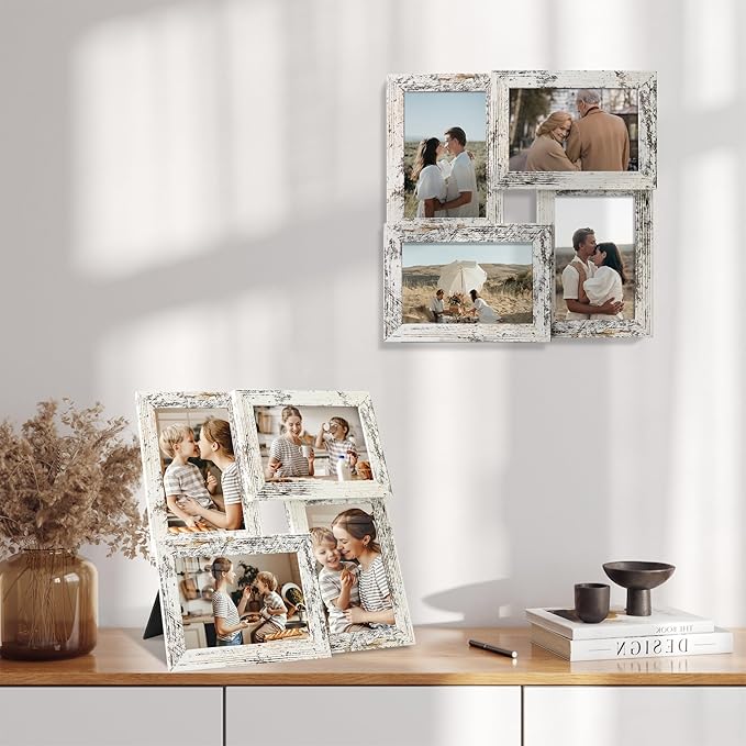 4x6 Collage Picture Frames Set of 1, Multi Family Photo Frame with Real Glass, Displays Four 4x6 Photo, Wall Decor Wall Hanging or Tabletop, Distressed White