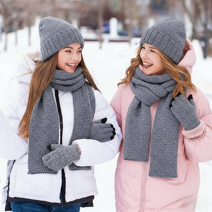 Geyoga 6 Pcs Winter Knit Set Beanie Hat Long Scarf Touchscreen Gloves Ear Muff Socks Warm Valentine Gift for Women Men Snow(Blue,Chic Style)