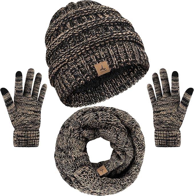Winter Beanie Hat Scarf Gloves, Warm Fleece Knit Hats Touch Screen Gloves Neck Scarf Set Winter Gifts for Unisex Adult