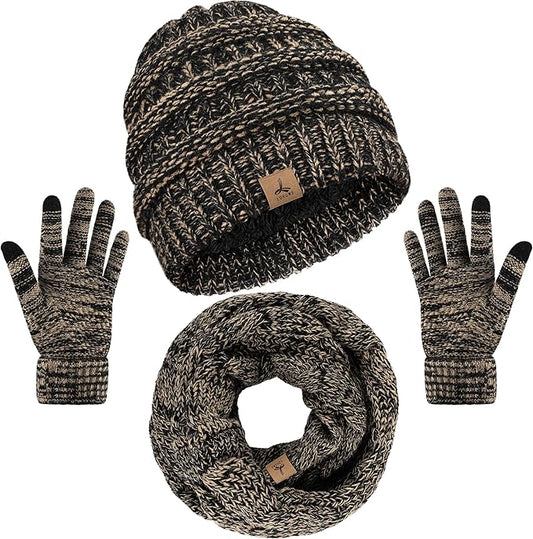Winter Beanie Hat Scarf Gloves, Warm Fleece Knit Hats Touch Screen Gloves Neck Scarf Set Winter Gifts for Unisex Adult