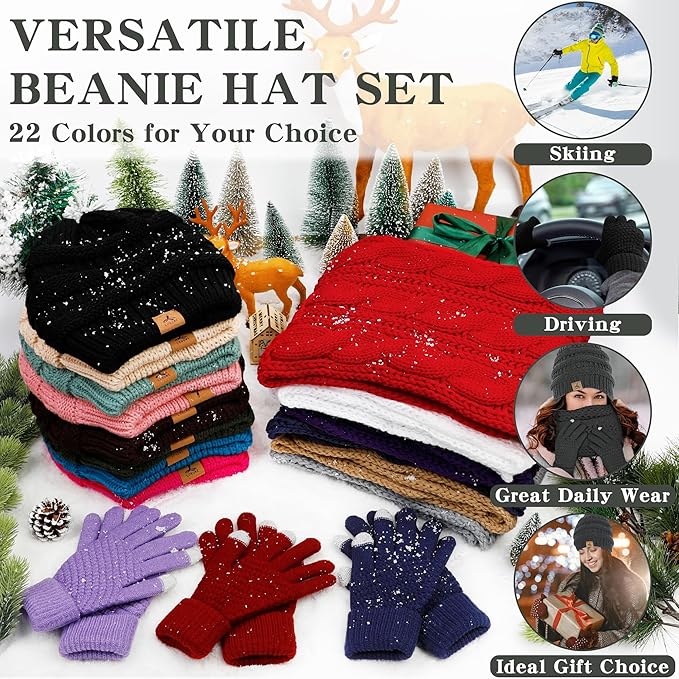 Winter Beanie Hat Scarf Gloves, Warm Fleece Knit Hats Touch Screen Gloves Neck Scarf Set Winter Gifts for Unisex Adult