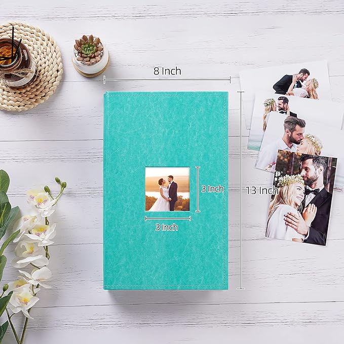 potricher Small Photo Album 4x6 300 Photos Leather Cover Picture Book with 300 Horizontal Pockets for Family Wedding Anniversary and Baby (Teal)