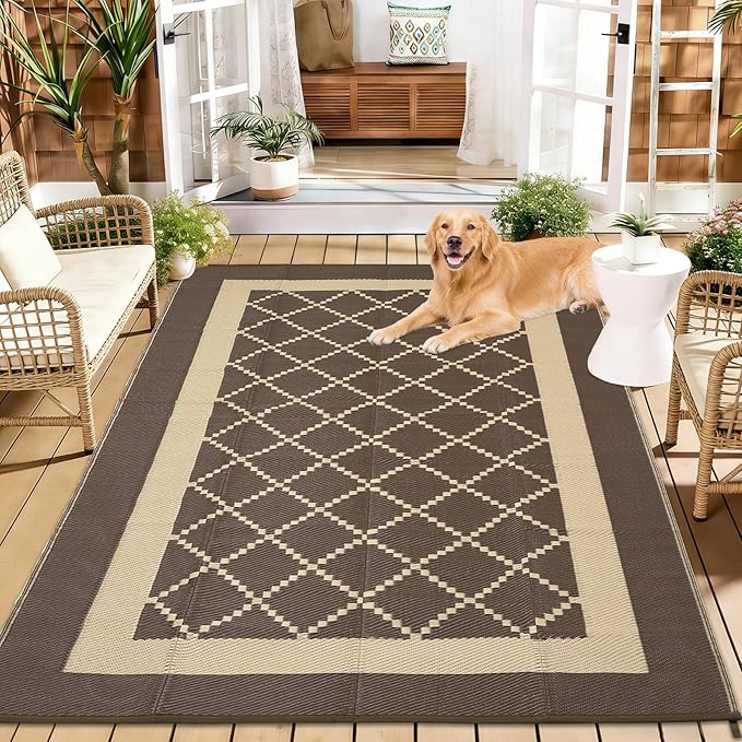 Outdoor Rug for Patio 9x12 Waterproof Camping Mat Reversible Plastic Straw Floor Carpet Modern Diamond Indoor Outdoor Large Area Rug for RV Deck Balcony Backyard Brown/Coffee