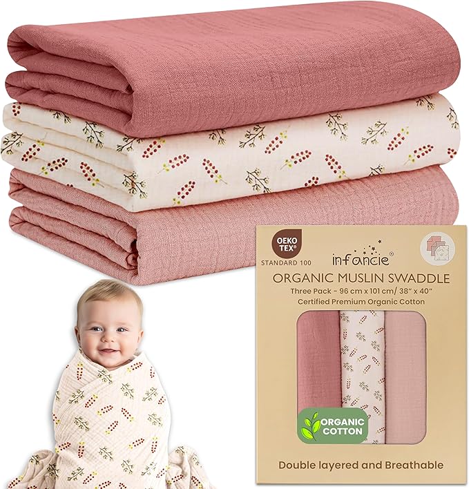 Organic Cotton Muslin Baby Blanket 3 Pack - 38x40 Inch Breathable Swaddle, Hypoallergenic Double-Layer, Versatile Use (Pink, Floral, Rust, 38x40 Inch)
