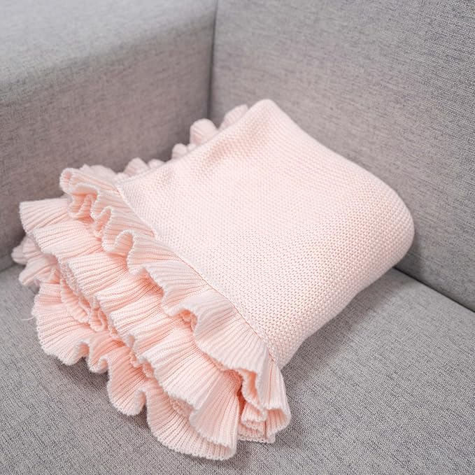 Ruffle Knit Blanket for Baby - 100% Luxury Soft Cotton Knit Warm Cozy Cuddle Stroller Crib Blanket for Newborns, Infants, & Toddlers (Pink)