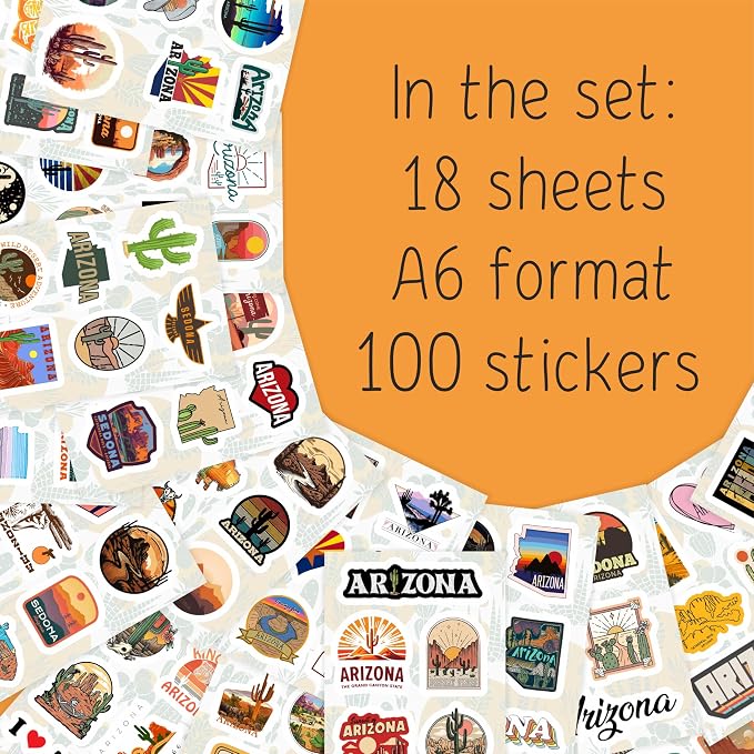 100Pcs Arizona Stickers for Water Bottle and Laptop - Arizona Party Supplies & Decorations, Waterproof Vinyl Decals, State Pride and Icon Stickers, Gifts for Women & Men