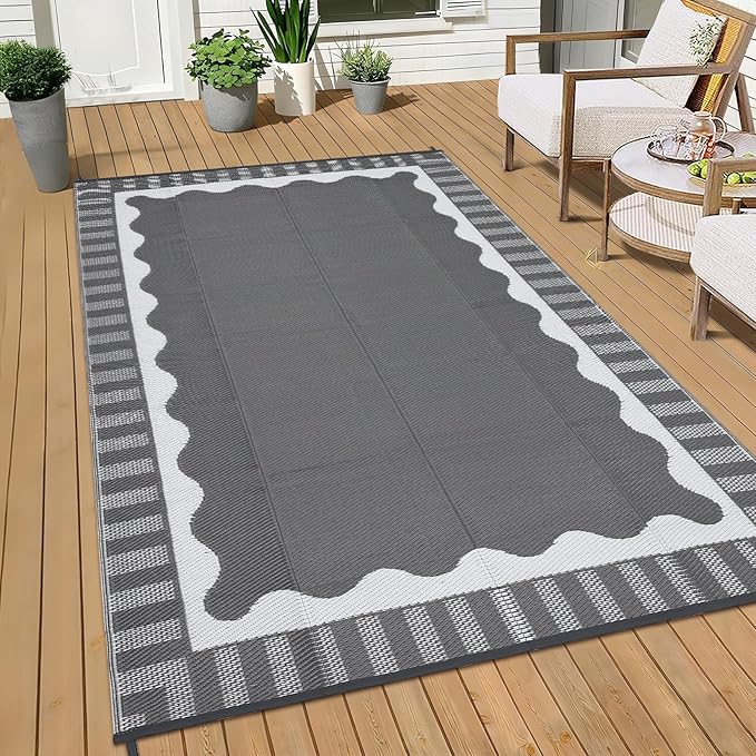 Waterproof Plastic Straw Outdoor Rug 9x18 Patio Reversible UV Resistant Foldable Camping Carpet Scalloped Border Large Outdoor Rugs for Deck, Picnic, Porch, Camper, Balcony, Beach，Grey