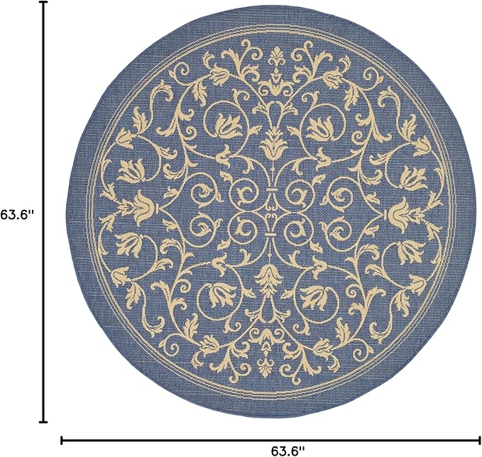 SAFAVIEH Washable Rug Outdoor Courtyard Collection - 5'3" Round, Blue & Natural, Non-Shedding & Easy Cleaning, Ideal for Patio, Backyard, Mudroom (CY2098-3103)