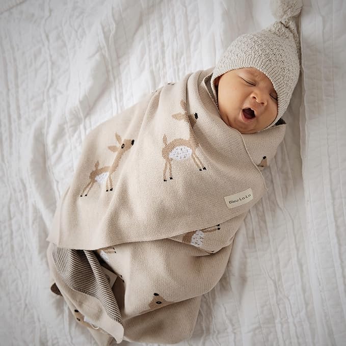 Knit Baby Swaddle Blanket - 100% Cotton Soft Cozy Receiving Swaddling Stroller Blanket Quilt for Shower Gift Registry for Newborns Infants Toddlers Gender Neutral (Deer - Taupe)