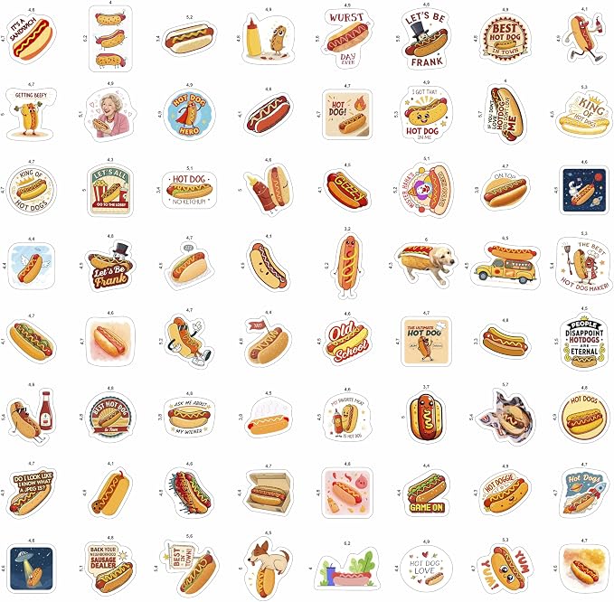 100Pcs Hot Dog Stickers Funny for Water Bottle - Hot Dog Party Decorations, Favors - Food Stickers - Gift for Women & Men