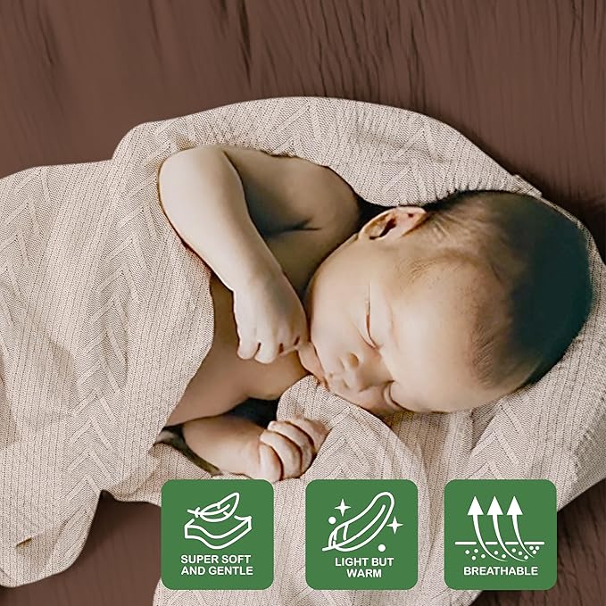 Organic Cotton Baby Blanket - 31.5 x 43.3 Inches, Soft Knitted Crib Blanket for Boys & Girls, Breathable Design (Beige)