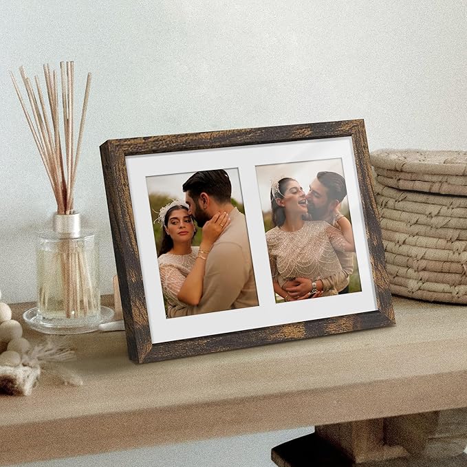 8x10 Double Picture Frame For Displaying Double 4x6 Picture Frame for Wall Mounting or Tabletop, Brown.