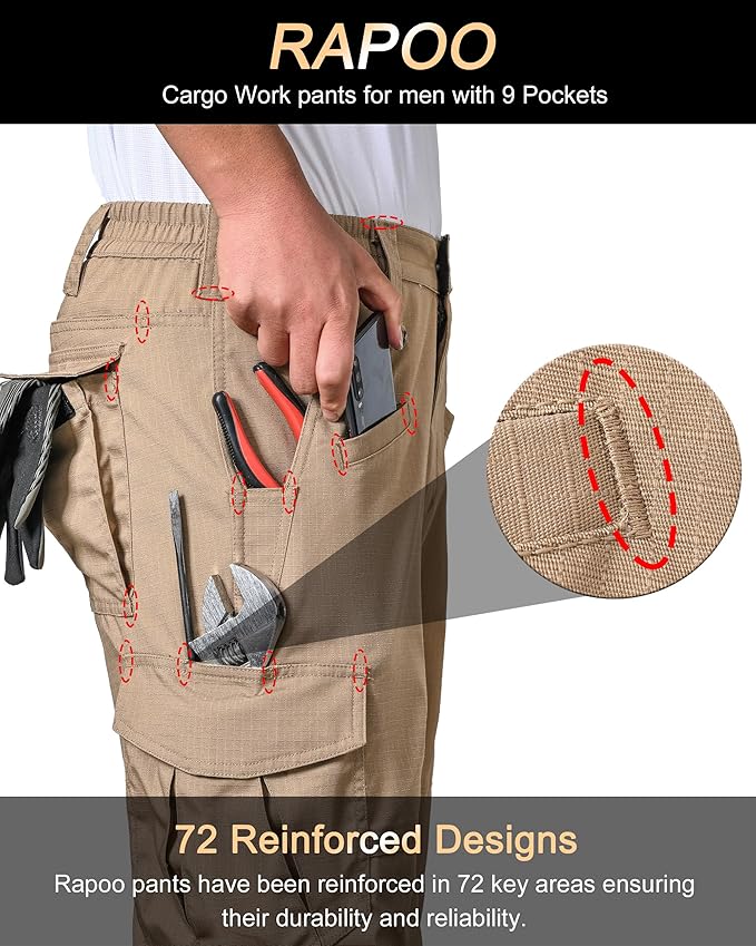 Rapoo Ripstop Water Resistant Cargo Tactical Pants for Men EDC Hiking Work Military Army Pants with 9 Pockets
