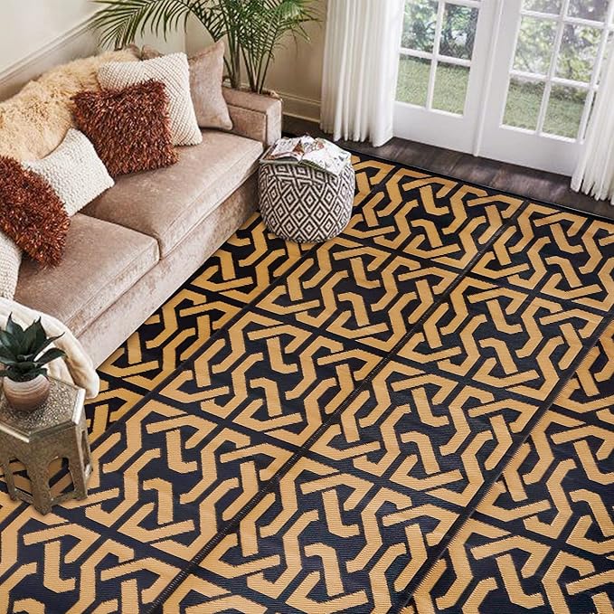 SAND MINE Reversible Mats, Plastic Straw Rug, Modern Area Rug, Large Floor Mat and Rug for Outdoors, RV, Patio, Backyard, Deck, Picnic, Beach, Camping, Trailer, Black & Brown, 9' x 12'