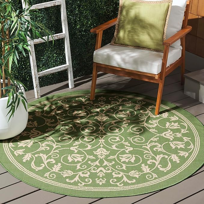 SAFAVIEH Courtyard Collection 4' Round Olive / Natural CY2098 Scroll Indoor/ Outdoor Waterproof Easy Cleaning Patio Backyard Mudroom Area Rug