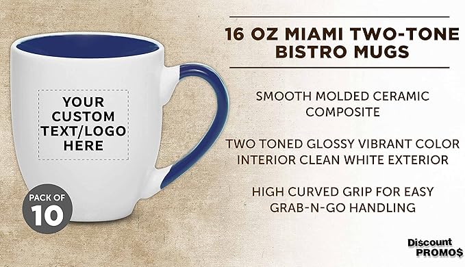 Custom Bistro Style Large Coffee Mugs 16 oz. Set of 10, Personalized Bulk Pack - Perfect for Coffee, Tea, Espresso, Hot Cocoa, Other Beverages - Cobalt Blue