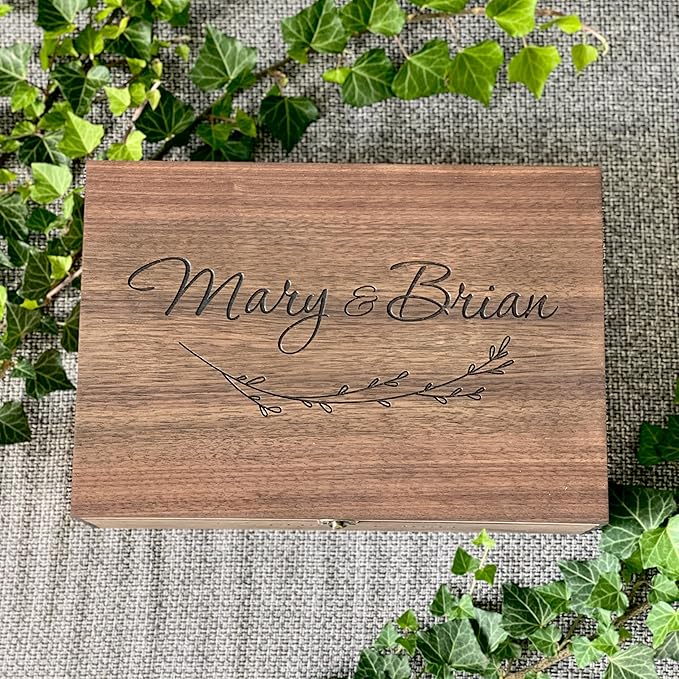 Personalized Memory Wooden Keepsake Decorative Letter Box with lock hinged lid – Custom Wedding Engagement Couple gift for Him, Her, Boyfriend Girlfriend Friend Time capsule box (Walnut)
