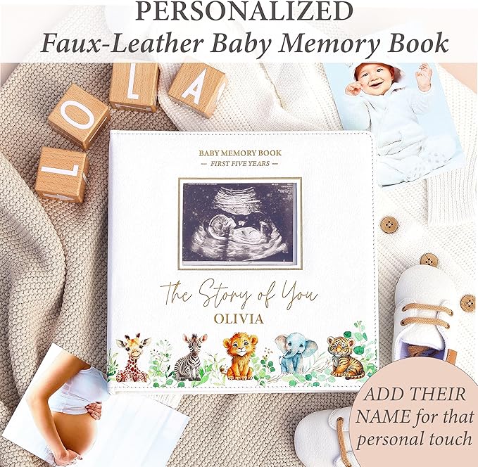 PERSONALIZED Baby Book – Baby Memory Book Keepsake for Boy or Girl I First 5 Year I Faux Leather, Gender Neutral, Safari Theme w/Gold Foil Stamp - Baby First Year Book Scrapbook Photo Album Shower