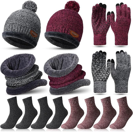 10 Pieces Winter Hat Beanie Scarf Touch Screen Gloves and Sock Set Slouchy Knit Skull Cap Beanies Fleece Lining Neck Warmer