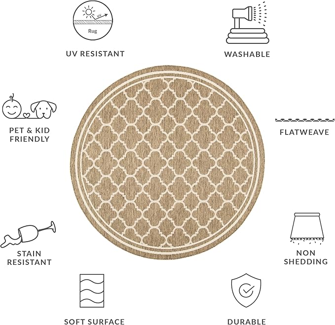 SAFAVIEH Washable Rug Outdoor Courtyard Collection - 6'7" Round, Brown & Bone, Non-Shedding & Easy Cleaning, Ideal for Patio, Backyard, Mudroom (CY6918-242)