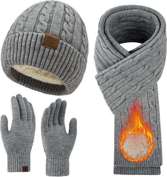 Womens Winter Beanie Hat Scarf Gloves Set, Knit Touch Screen Gloves Long Scarf Skull Caps Fleece Lined Winter Gift