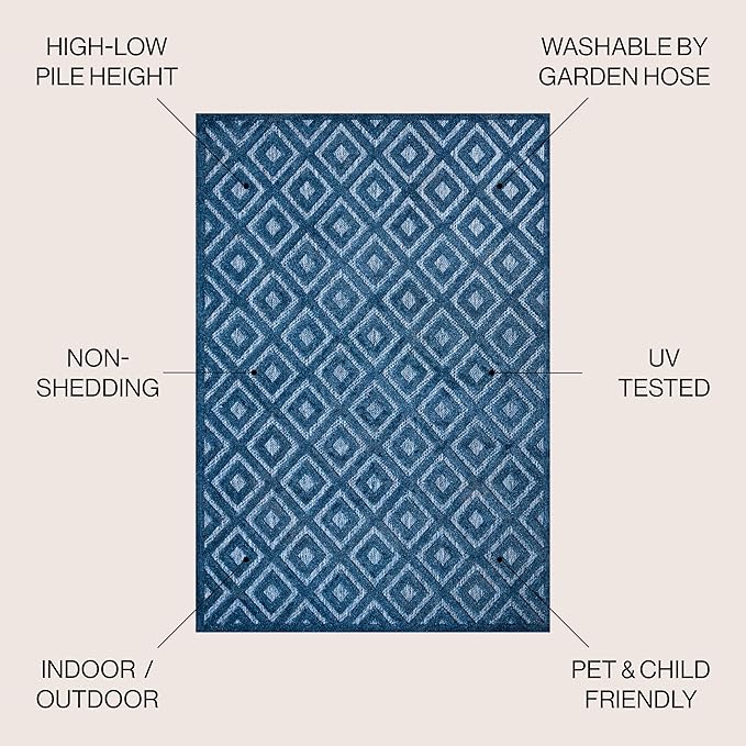 JONATHAN Y Diamond Trellis Indoor Outdoor Square Area Rug 5X5 Navy, Portmany Neutral for Backyard, Patio, Porch, Easy-Cleaning, High Traffic, Pet-Friendly, Non-Shedding (IBZ104B-5SQ)