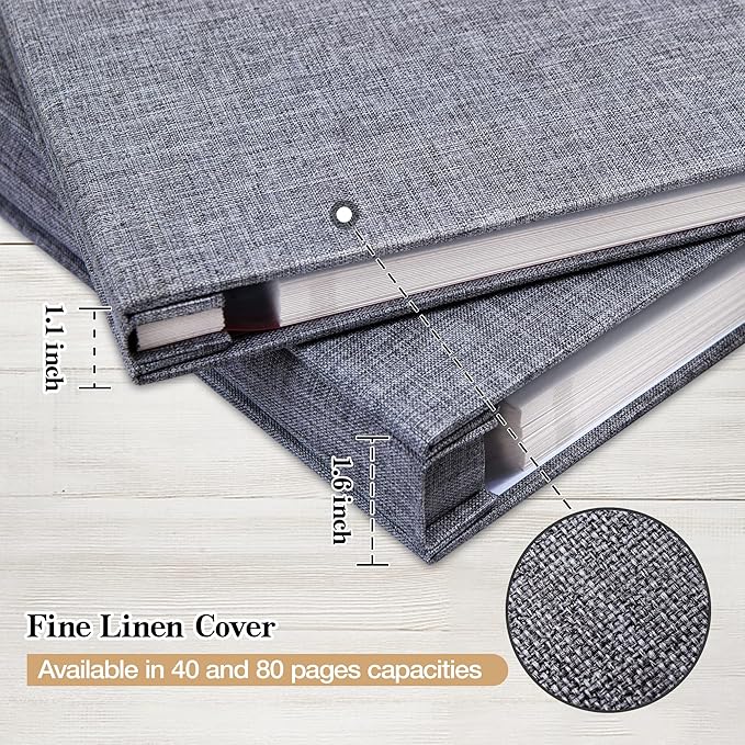 potricher Large Photo Album Self Adhesive 4x6 5x7 8x10 Pictures Linen Cover 80 Blank Pages Magnetic DIY Scrapbook Albums with A Metallic Pen (Gray)