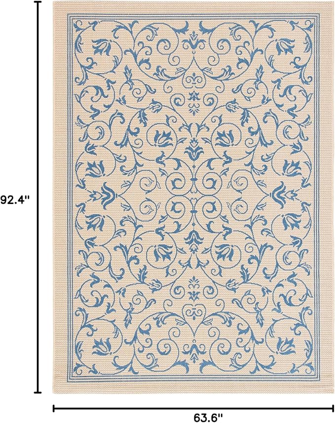 SAFAVIEH Washable Rug Outdoor Courtyard Collection - 5'3" x 7'7", Natural & Blue, Non-Shedding & Easy Cleaning, Ideal for Patio, Backyard, Mudroom (CY2098-3101)