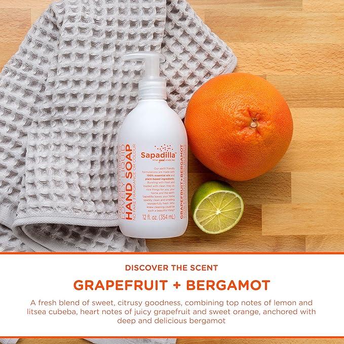 Sapadilla Liquid Hand Soap - Grapefruit + Bergamot - Made with 100% Pure Essential Oil Blends, Cleansing & Moisturizing, Aromatic & Fragrant Hand Soap, Plant Based, Biodegradable, 12 Ounce (Pack of 3)