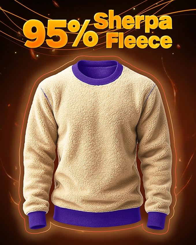 Boladeci Men's Full Sherpa Lined Crewneck Sweatshirts Heavy-weight Fleece Pullover Thick Thermal Long Sleeve Cotton