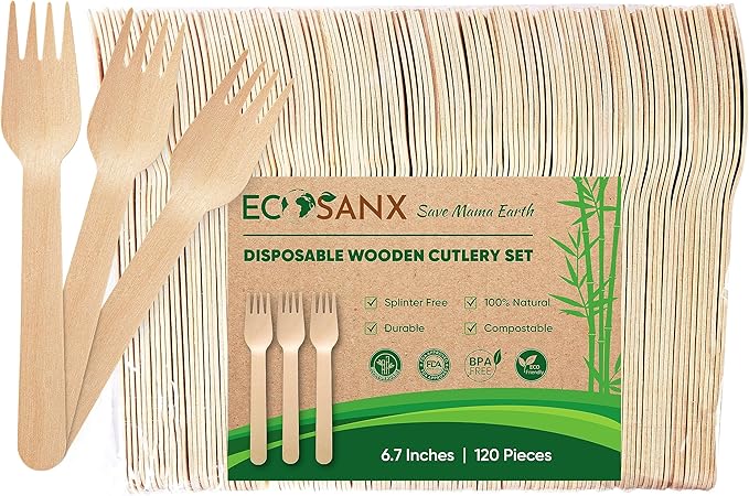 ECOSANX® 120 PCs Wooden forks for eating 6.5" Splinter Free Compostable Forks, Eco-Friendly Wooden Cutlery set for Party & Outdoor, Disposable forks for Camping, Events & More