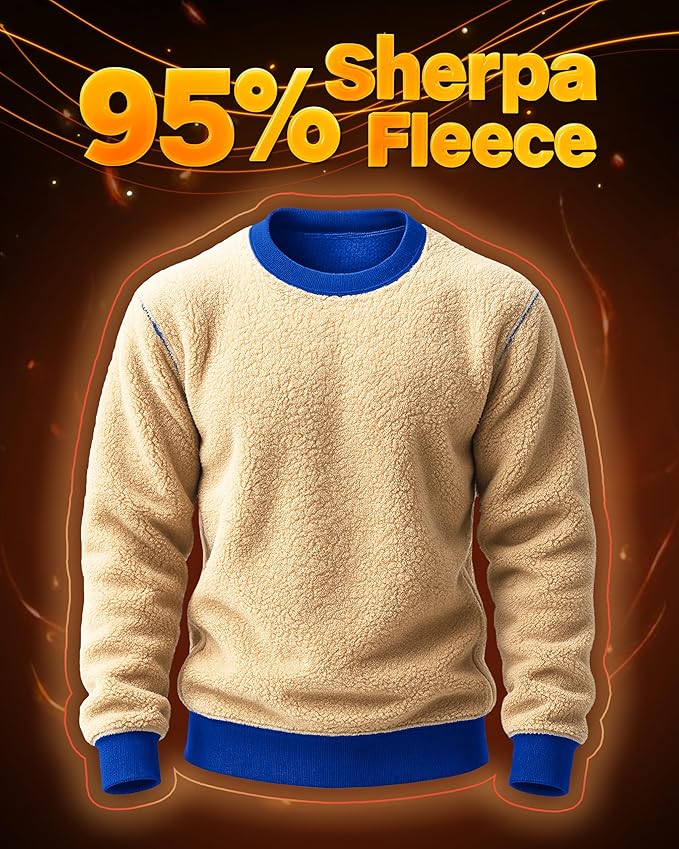 Boladeci Men's Full Sherpa Lined Crewneck Sweatshirts Heavy-weight Fleece Pullover Thick Thermal Long Sleeve Cotton