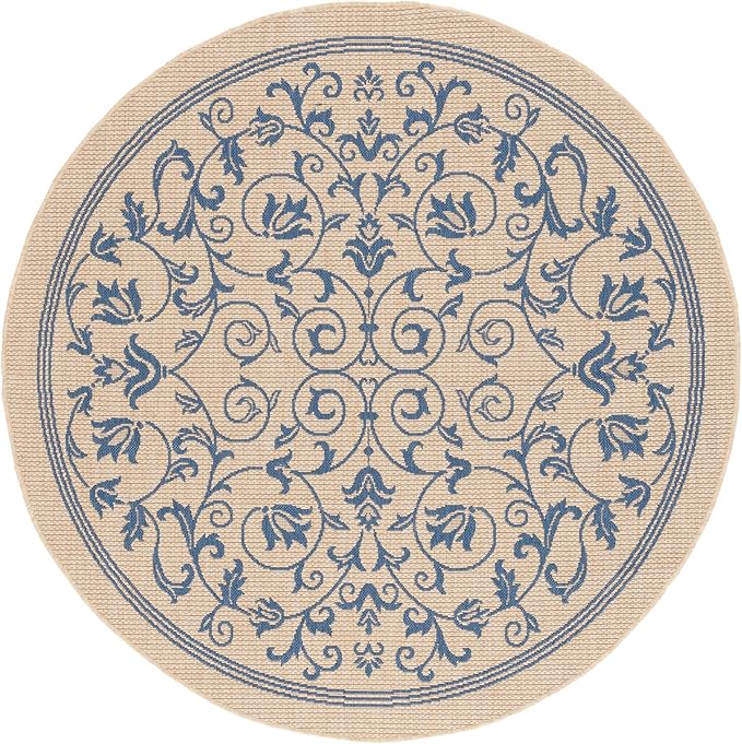 SAFAVIEH Washable Rug Outdoor Courtyard Collection - 5'3" Round, Natural & Blue, Non-Shedding & Easy Cleaning, Ideal for Patio, Backyard, Mudroom (CY2098-3101)
