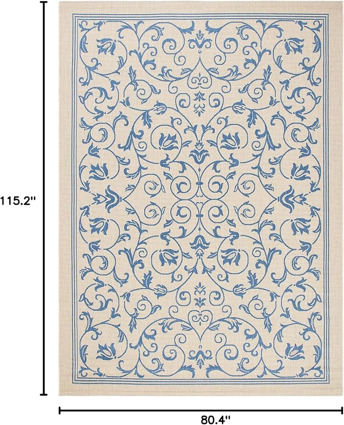 SAFAVIEH Washable Rug Outdoor Courtyard Collection - 6'7" x 9'6", Natural & Blue, Non-Shedding & Easy Cleaning, Ideal for Patio, Backyard, Mudroom (CY2098-3101)