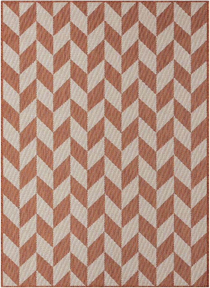 Nicole Miller New York Patio Country Calla Contemporary Herringbone Indoor/Outdoor Area Rug, Orange/Ivory , 7'9"x10'2"