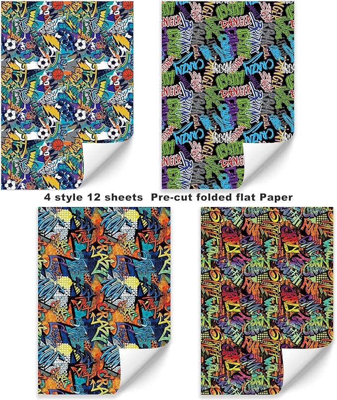 PlandRichW Graffiti Wrapping Paper Folded for Boys Girls Kids Adult Birthday 4 Styles of Sport with Lightning Basketball Football Crazy Graffiti Text, Pre-cut 12 Sheets Each 20" X 29"