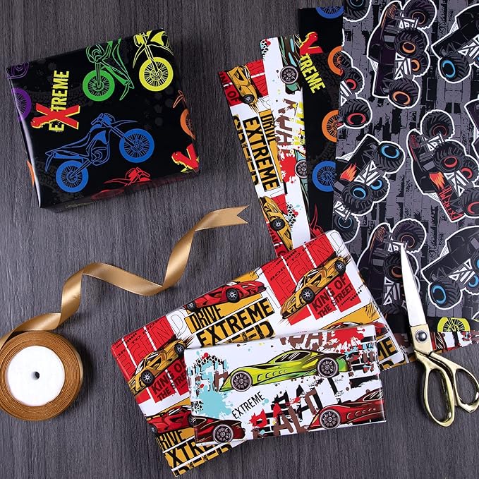 PlandRichW Monster Trucks Wrapping Paper - Folded for Boys Kids Adult Birthday Wrapping Paper Including Racing Monster Trucks Motocross for Party Holiday, Pre-cut 12 Sheets Each 20 X 29 Inches