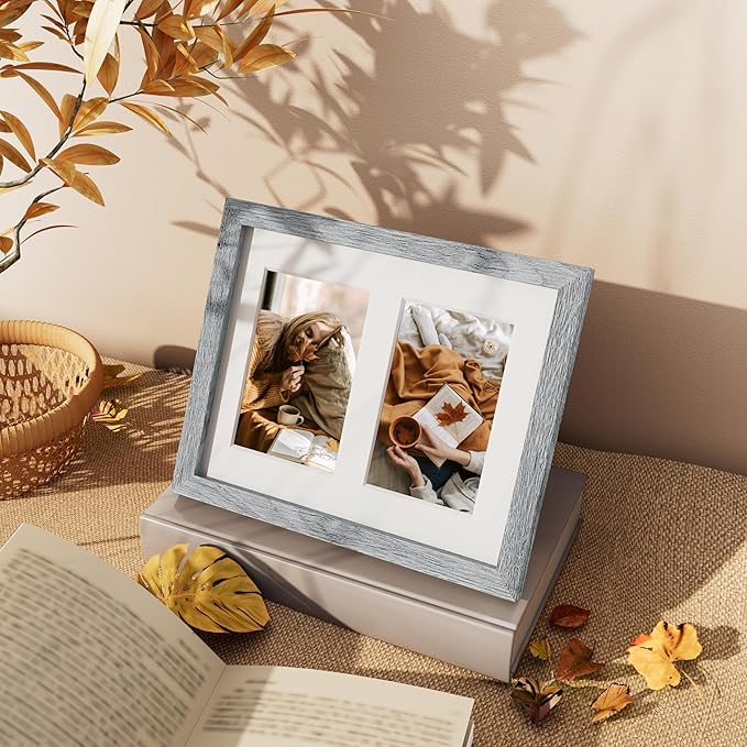 Vittanly 8x10 Collage Picture Frame, Displays 2Pcs 4x6 Pictures with Mat or 1Pcs 8x10 without Mat, Photo Frame for Wall Mounting or Table Top with Stand, Grey, 1 Pack