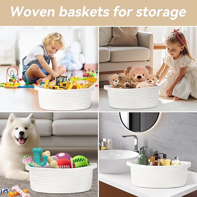Pro Goleem Small Woven Basket with Gift Bags and Ribbons Durable Baskets for Christmas Gifts Empty Small Rope Basket for Storage 12"X 8" X 5" Baby Toy Baskets with Handles, White