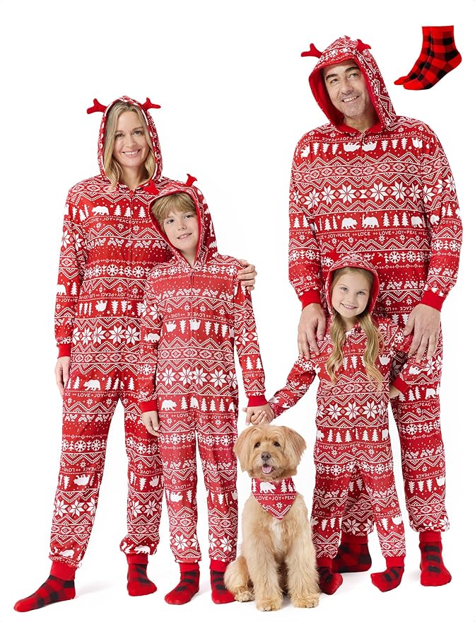 PATPAT Matching Family Christmas Onesie Pajamas – Holiday Hooded Jumpsuit Sleepwear PJs Couples Xmas Loungewear with Socks